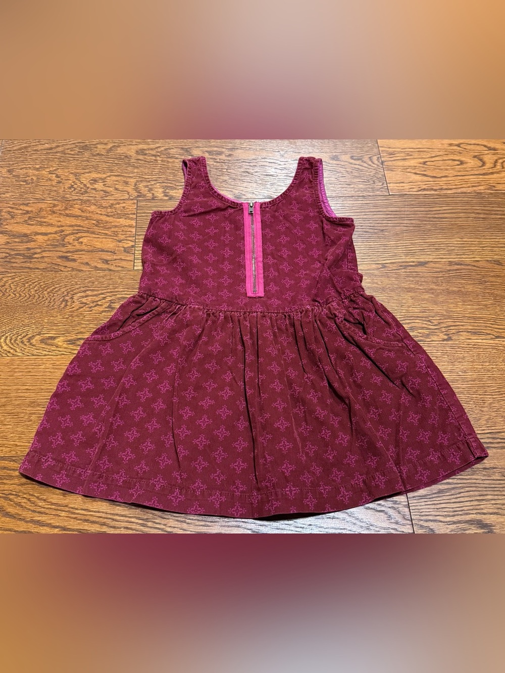 Tea Collection Girls Burgundy Corduroy Zip-Front Jumper Tile Print Dress Size 4
